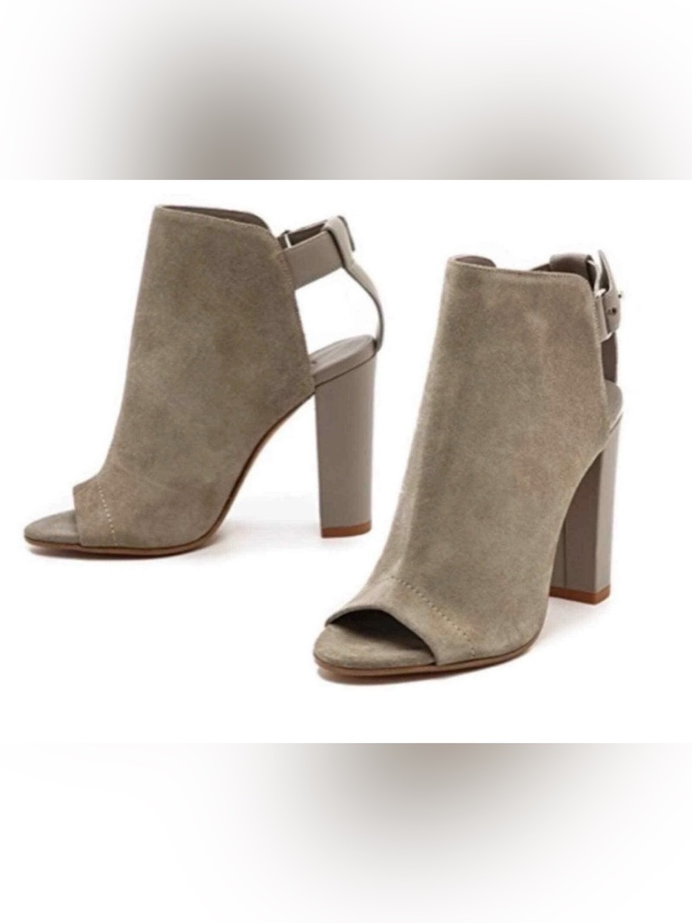 Vince Addison Taupe Suede Open-Toe Block Heel Booties